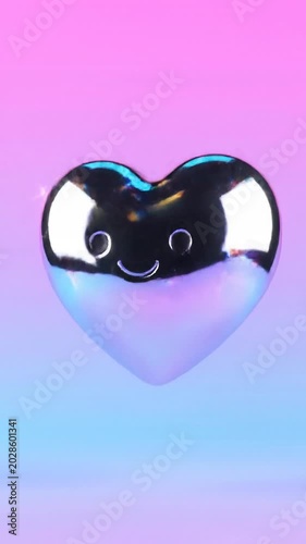 Shiny metallic heart with happy face on gradient background
