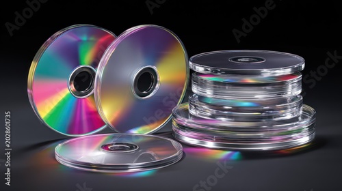 Stacked and scattered optical storage media reflect vibrant spectrum colors against a dark background.