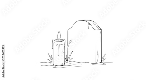 Foto Candle and Gravestone Line Art Drawing - Memorial, Remembrance, Grief, Cemetery
