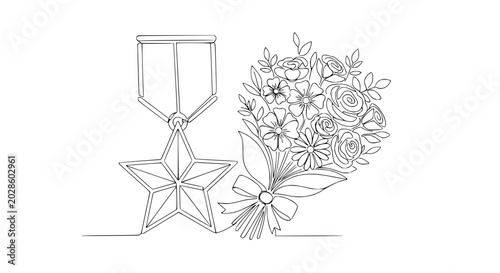 Photos One Line Drawing of Star Medal and Floral Bouquet with Bow