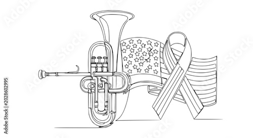 Fotografía Brass Band Instrument, American Flag, and Awareness Ribbon Line Art