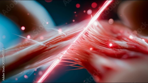 Close-up of damaged muscle fibers with glowing laser light, showing tissue injury, inflammation, repair, therapy, and medical recovery concept