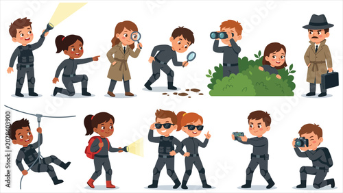 Spy Kids, Secret Agent Children, and Cute Little Detective Character Set