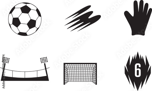 Soccer football game icons set with a ball, goal, stadium lights, and player glove in outline and solid styles