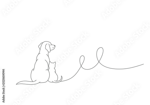 Minimalist continuous line art drawing of a dog and cat sitting side by side