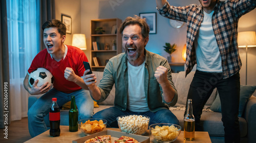 Football fans celebrating together while watching live championship match at home, exciting sports atmosphere symbolizing friendship, teamwork and global football passion