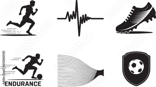 Sports icons set with runner, heartbeat, soccer shoe, football, and shield emblem in outline style