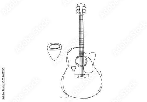 Foto Acoustic guitar and pick minimalist continuous line art drawing with acoustic
