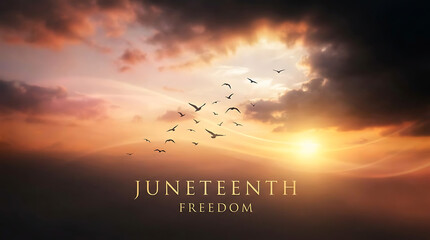 Juneteenth Freedom Background - Flying Birds Silhouette in Dramatic Sunset Sky with Golden Sun Rays, Cinematic Clouds, and Elegant Gold Text Holiday Banner