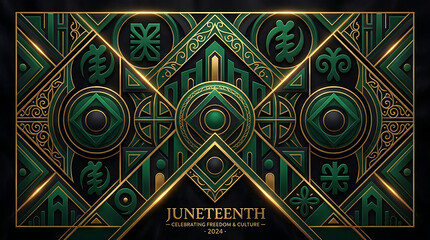 Juneteenth Celebration Background - Luxury Green and Gold African Geometric Art with Adinkra Symbols: Freedom and Culture Banner