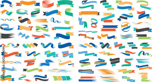 Colorful ribbons and banners in various shapes and sizes on white background for decoration and design
