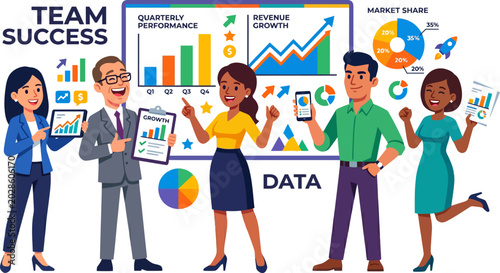 Business team celebrating success with data analysis and financial growth charts