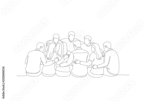 Foto Continuous line drawing of a diverse group of people sitting together in a suppo