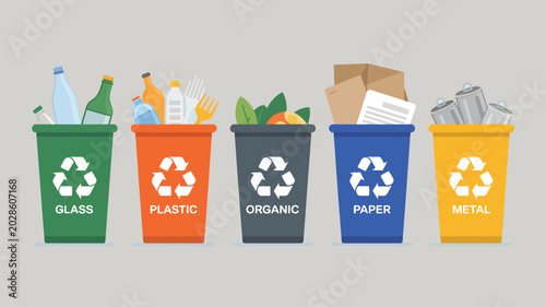 Fotografie Recycling bins flat design illustration set of five colored waste separation con