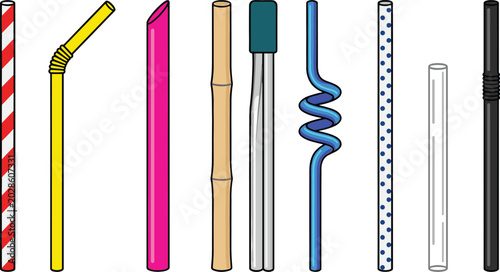 Collection of colorful drinking straw vector illustrations featuring reusable, plastic, paper and spiral beverage straw designs isolated on background