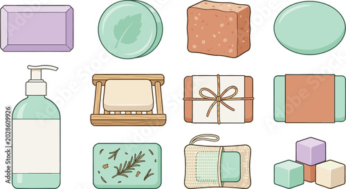 Collection of handmade soap and skincare product vector illustrations featuring natural cosmetic bars, organic packaging and wellness beauty accessories