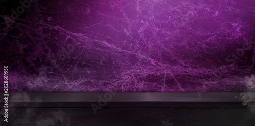 Dark wood counter tabletop with purple marble wall background and dramatic smoke fog overlay. Luxury product display shelf stage backdrop for alcohol perfume cosmetic showcase mockup.