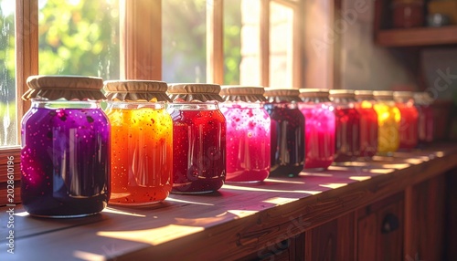 Colorful jars of homemade fruit jam lined on sunny window ledge in warm kitchen light