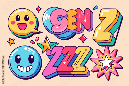 Gen Z pop text and emoji illustration set. Colorful graffiti lettering and stickers vector design element.
