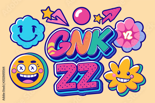 Gen Z pop text and emoji illustration set. Colorful graffiti lettering and stickers vector design element.