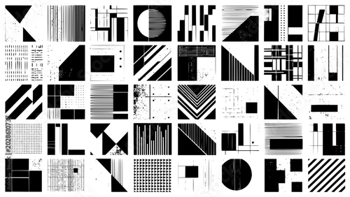 Set of black and white abstract geometric shapes and minimalist modular patterns with distressed textures