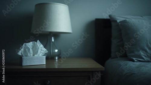 Night scene bedside table with lamp, tissues, headboard, muted tones, evoking illness or rest