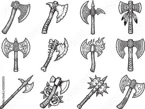Viking Battle Axe Collection Vintage Engraving Vector Set, Medieval Norse Weapon Illustration Isolated White Background, Warrior Axe Design for Tattoo and Apparel