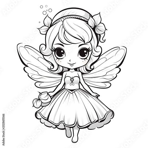 Cute chibi fairy character with delicate wings and flowers, line art drawing for coloring books and children's activities.
