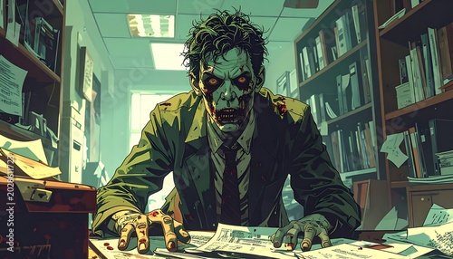 Undead office worker leans over a desk covered in papers, bookshelves behind, stained with blood