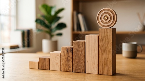 Wooden Block Staircase Reaching Target Goal - Business Success and Progress Concept