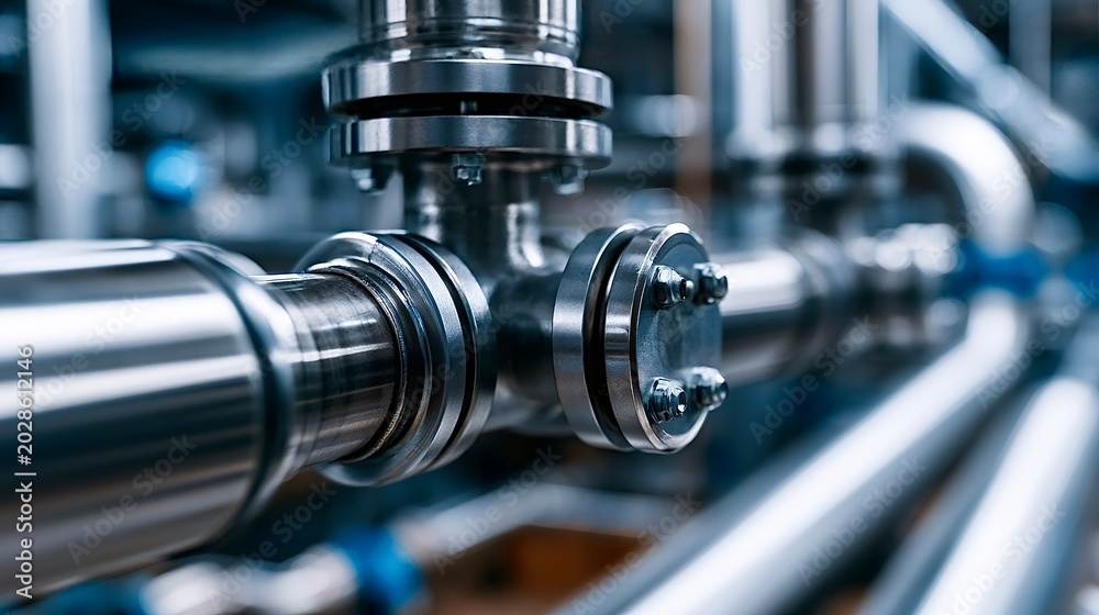 Fototapeta premium Stainless steel industrial pipes and valves manufacturing process