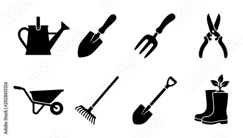 Tableau sur toile Gardening Tools Vector Icons Set: Watering Can, Trowel, Fork, Pruners, Wheelbarr