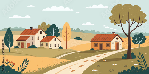 Traditional rural village scene, simple village houses, farming fields, dirt pathway, trees and blue sky