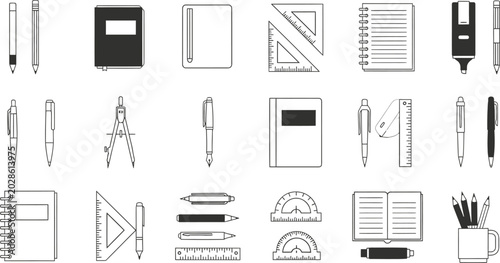 Photos Stationery collection black and white line art icons featuring pens notebooks an