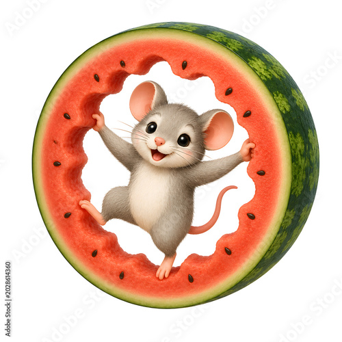 Humorvolle Illustration einer Maus in einer ausgehöhlten Wassermelone auf hellem Hintergrund. Kreatives und fantasievolles Motiv mit sommerlichem Charakter.