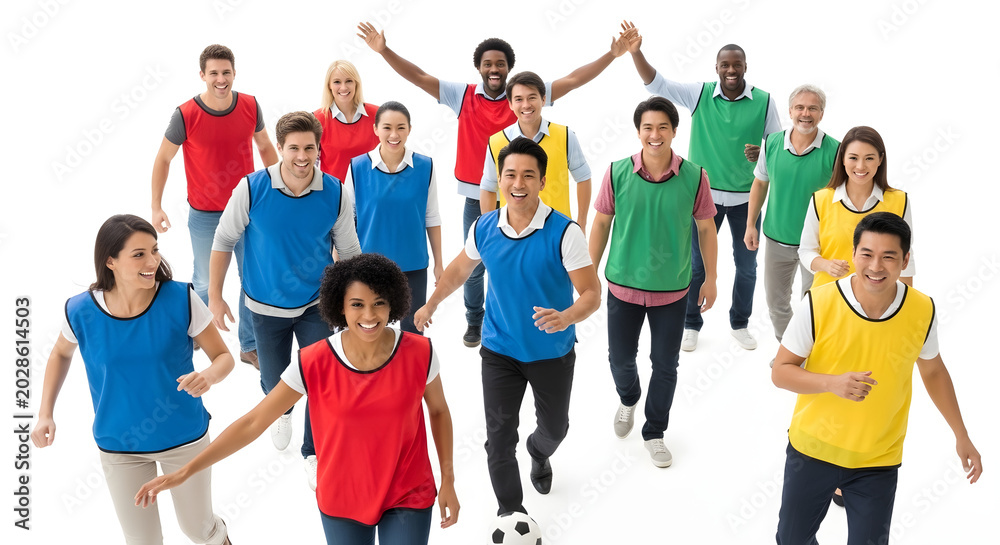 Fototapeta premium A diverse group of young adults running together in colorful jerseys on a white background