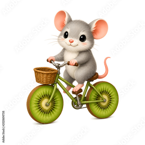 Humorvolle Illustration einer Maus auf einem Fahrrad mit Kiwi-Scheiben als Räder. Kreatives und fantasievolles Motiv mit frischem und verspieltem Charakter.