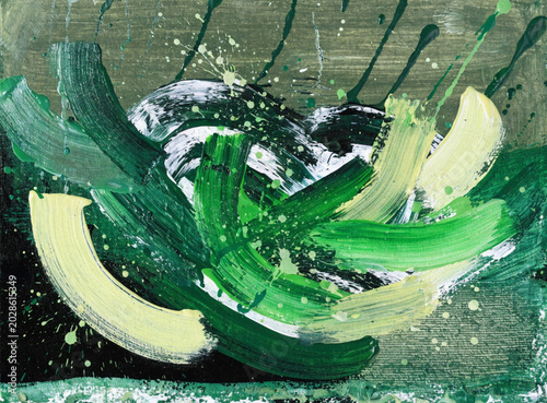 Abstract art background with bold green brush strokes and messy ink paint texture. Vivid dynamic acrylic splatter backdrop. Vector illustration.