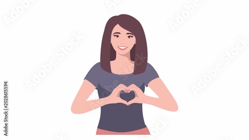 The woman smiles and draws a heart with her hands on a transparent background. Animation with alpha channel.