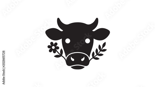 Cow face silhouette with floral doodle elements, cute minimalist icon for farm logo, sticker, and print design
