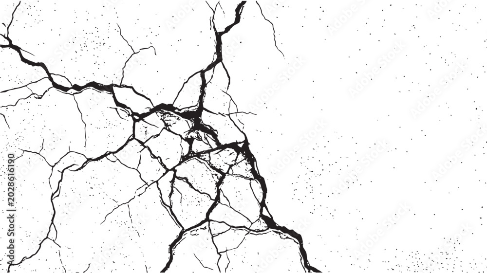 Αυτοκόλλητο Plaster wall crack close-up with white grunge texture, fractured concrete lines