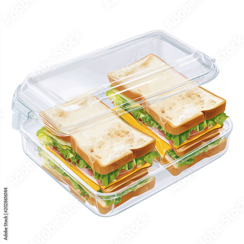 Illustration of fresh sandwiches and salad in transparent plastic containers, viewed from above on a clean white background.