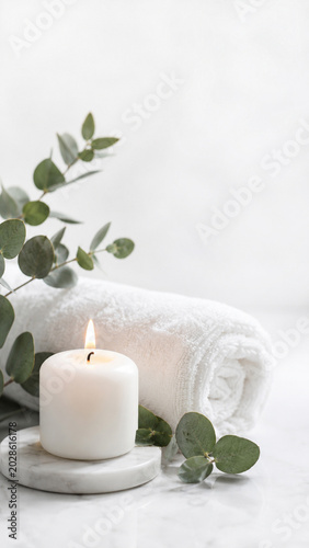 Tranquil Spa Moment: A lit white candle rests on a marble coaster next to a fluffy white towel and delicate eucalyptus leaves, creating a serene and calming spa atmosphere.