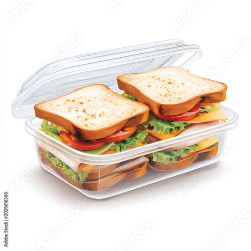 Illustration of fresh sandwiches and salad in transparent plastic containers, viewed from above on a clean white background.
