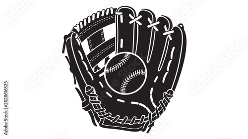 Tableau sur toile Baseball glove with baseball emblem in pocket for sports equipment featuring cat