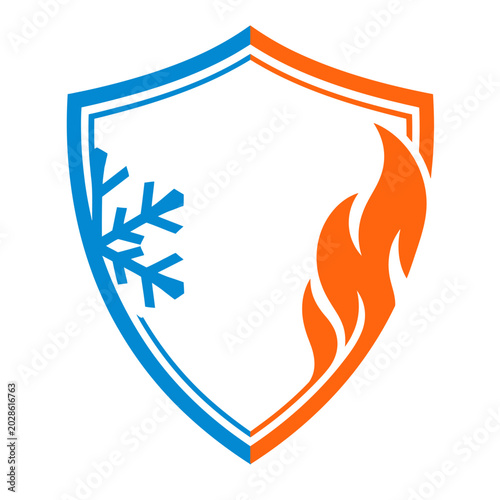 Shield emblem with fire and snowflake symbols representing protection and climate control.