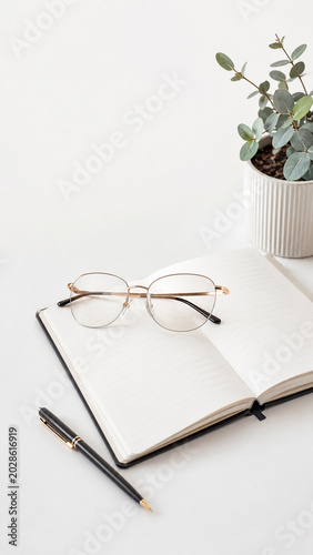 Desk Essentials: A still life composition featuring a notebook, eyeglasses, and a pen, accented by a potted plant, perfect for illustrating focus, study, or planning.