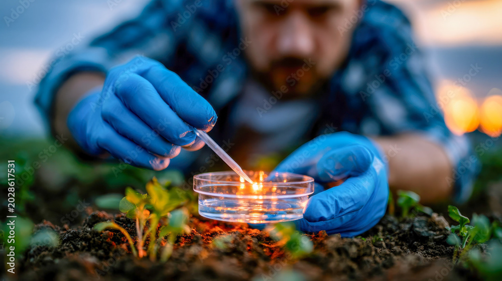 Obraz premium Scientist in blue gloves collecting soil and water samples in the field for environmental research and agricultural testing