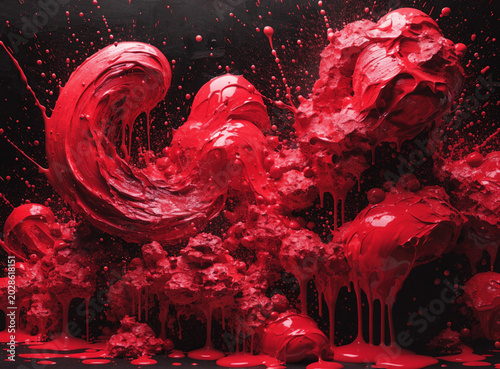 Abstract red acrylic paint on white background. Dynamic brush stroke art texture and passionate splatter.