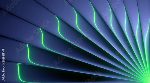An abstract green and blue fractal wallpaper featuring a futuristic wave pattern with gradient lines, light curves, and metallic textures for a modern design backdrop